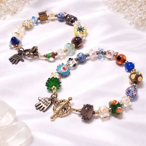 Pair of Multi Colored Lampwork and Art Glass Hand Made Beaded Bracelets